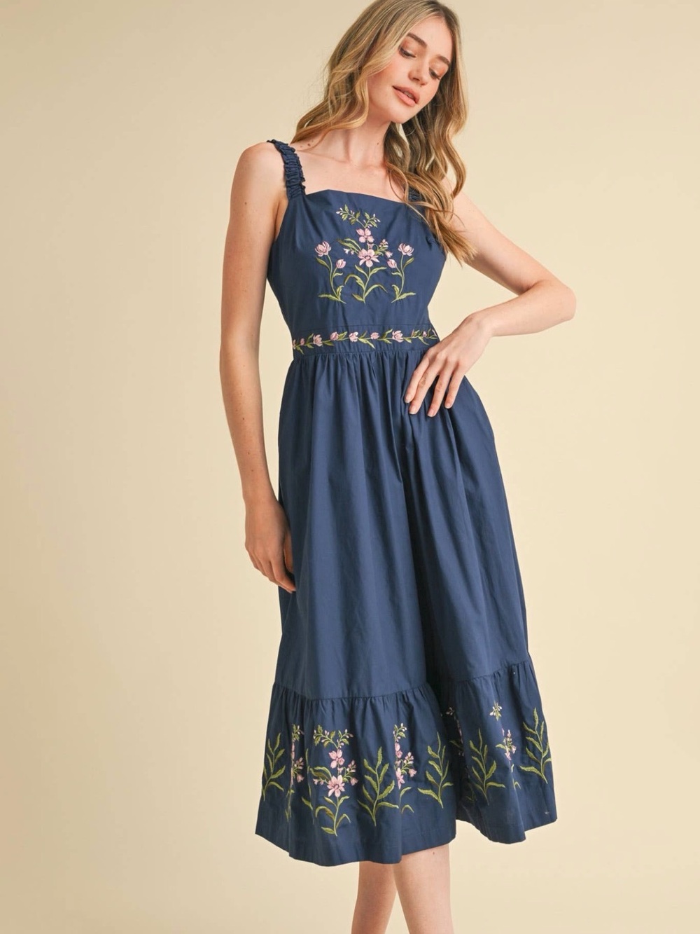 Navy Floral Embroidered Midi Dress with Ruffled Straps
